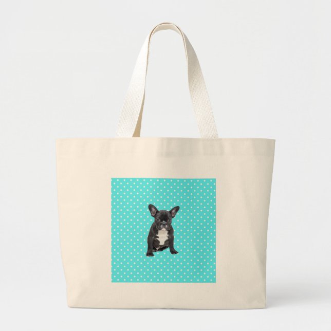 Bolso De Tela Gigante Bulldog francés lindo con puntos de polka azul (Frente)