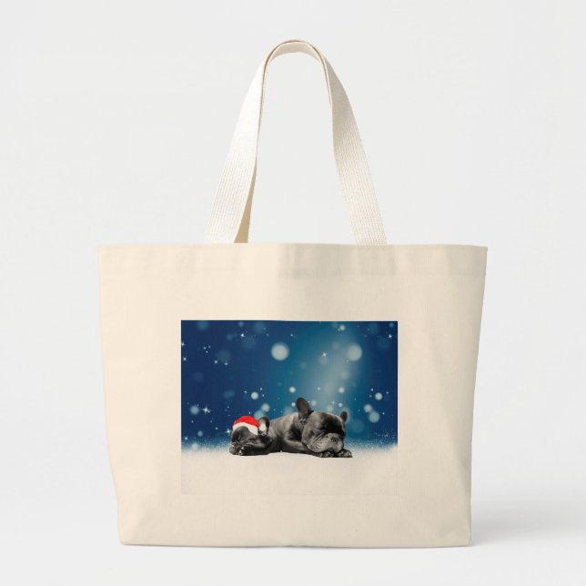 Bolso De Tela Gigante Bulldog francés navidades Cachorros nieve sombrero (Frente)