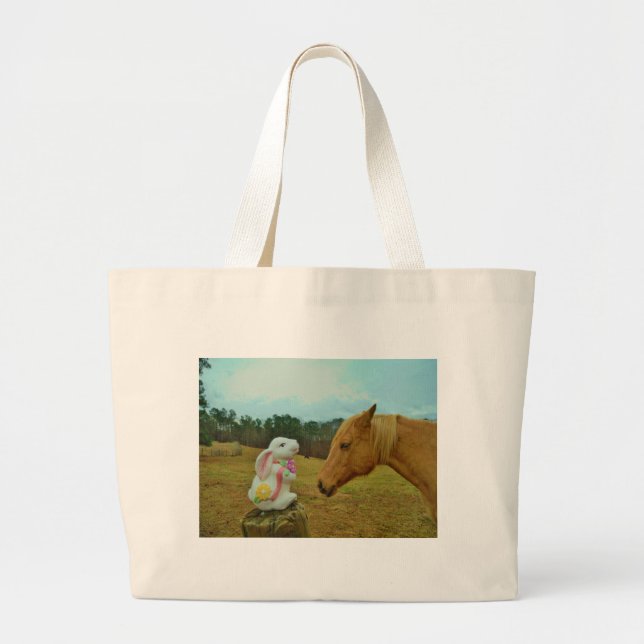 Bolso De Tela Gigante Caballo amarillo rubio y conejo de Pascua (Frente)