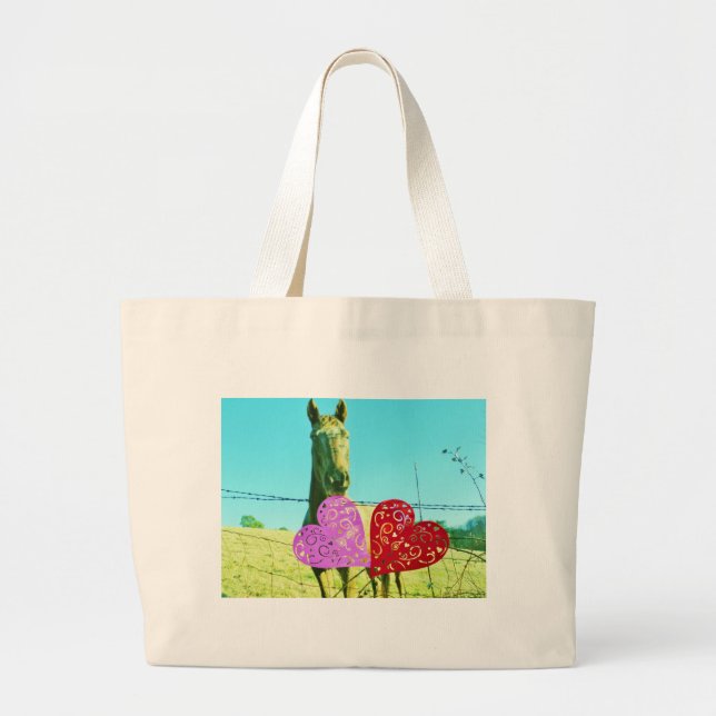 Bolso De Tela Gigante Caballo rubio y corazón rosado y rojo (Frente)