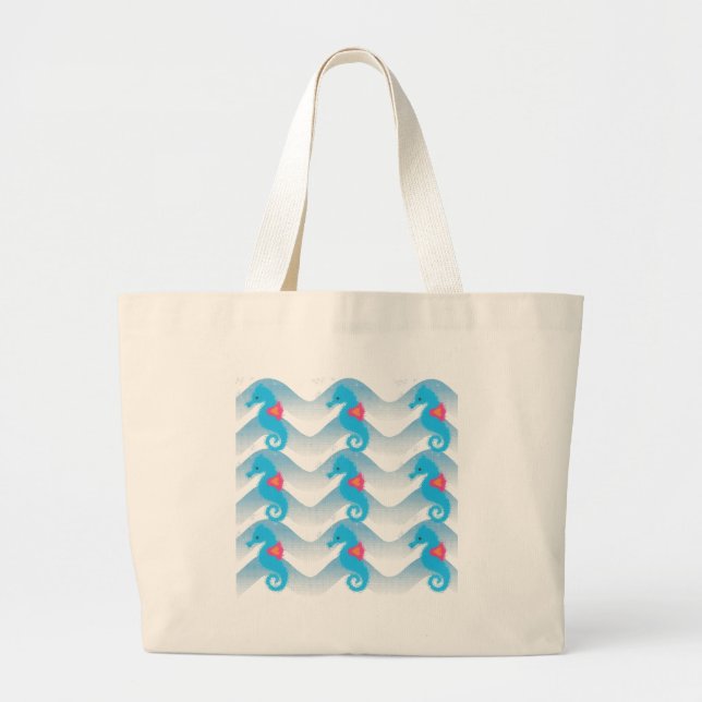 Bolso De Tela Gigante Caballos De Mar Y Patrón De Ondas Azules (Frente)