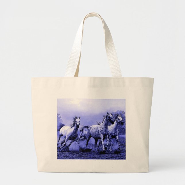 Bolso De Tela Gigante Caballos en marcha y luz luna azul (Frente)