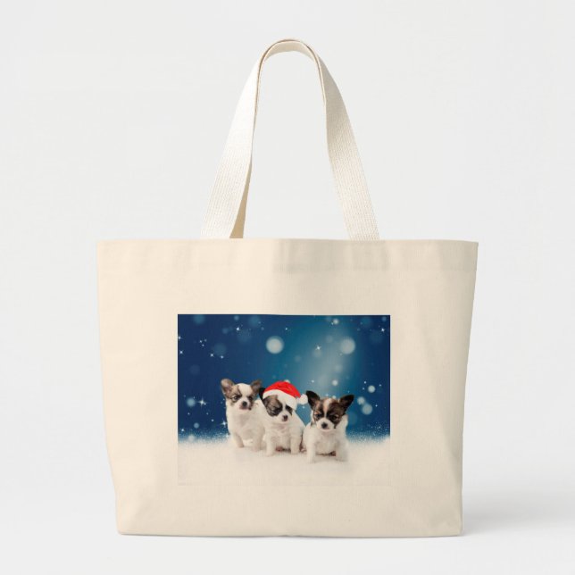 Bolso De Tela Gigante Cachorros de Chihuahua con Navidades de Santa Hat (Frente)