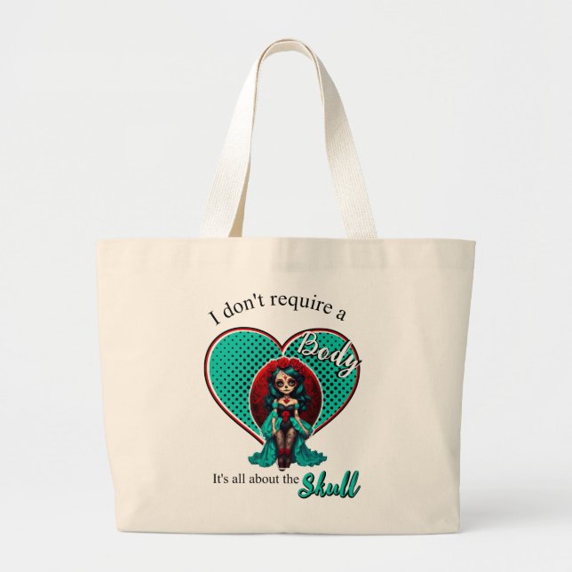 Bolso De Tela Gigante Calaveras de azúcar de rosas verde azuladas y roja (Frente)