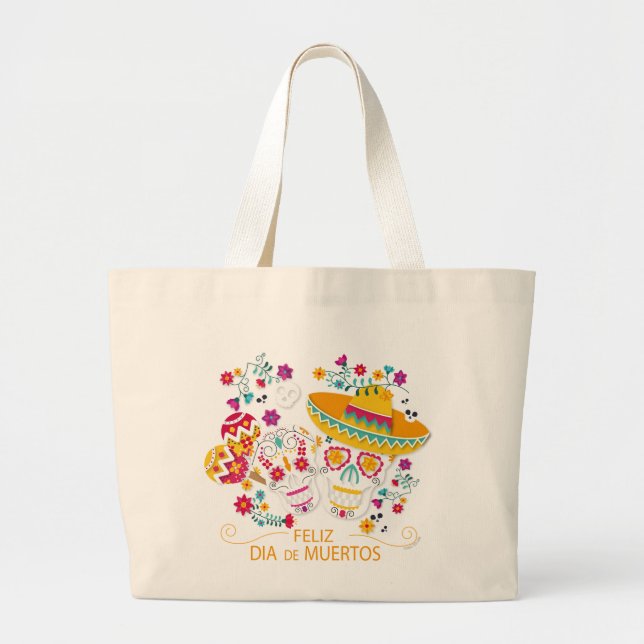 Bolso De Tela Gigante Calaveras y flores de azúcar fiesta (Frente)