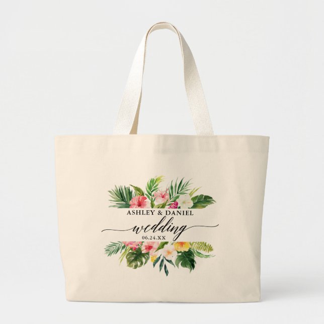 Bolso De Tela Gigante Calligrafía de acuarela Boda floral tropical (Frente)