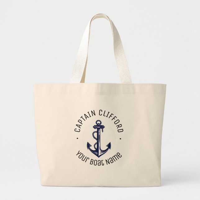 Bolso De Tela Gigante Capitán personalizado Nombre Bote Nautical Anchor  (Frente)