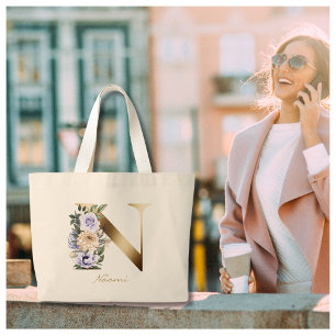 Bolso De Tela Gigante Carta N Elegante Monograma de Oro Floral