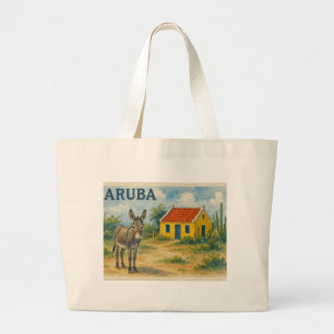 Bolso De Tela Gigante Casa cunucu amarilla de Aruba con burro acuarela