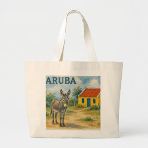 Bolso De Tela Gigante Casa cunucu amarilla de Aruba con burro acuarela