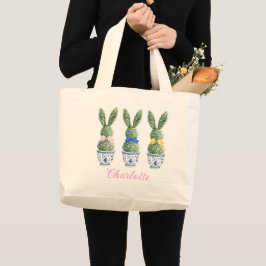 Bolso De Tela Gigante Chinoiserie Azul y Blanco con Topiarias de Conejo