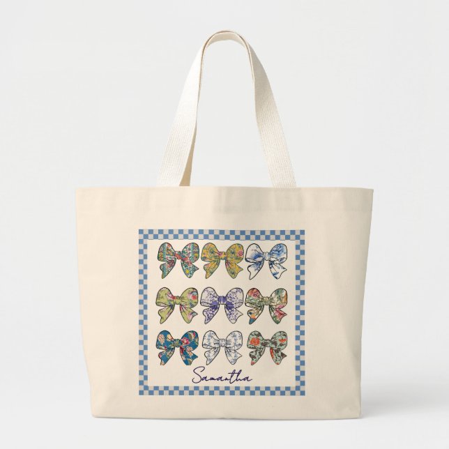 Bolso De Tela Gigante Chinoiserie Bows Checkerboard Pattern (Frente)