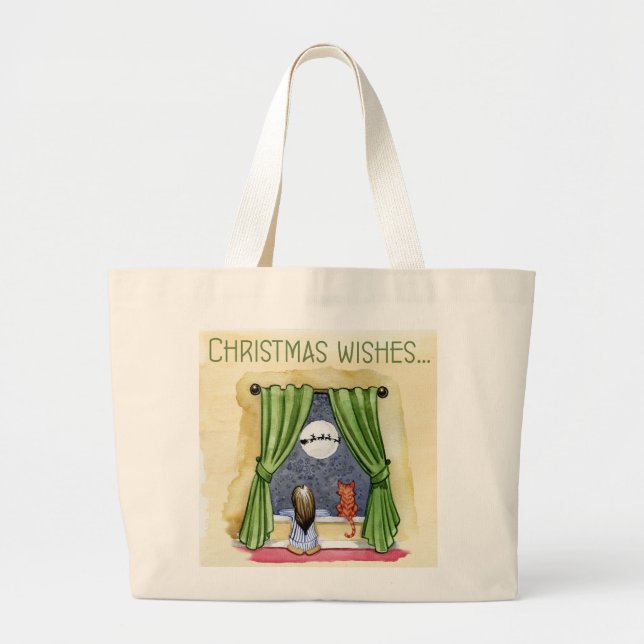 Bolso De Tela Gigante Christmas Wishes Cute Child & Kitty Cat Xmas (Frente)