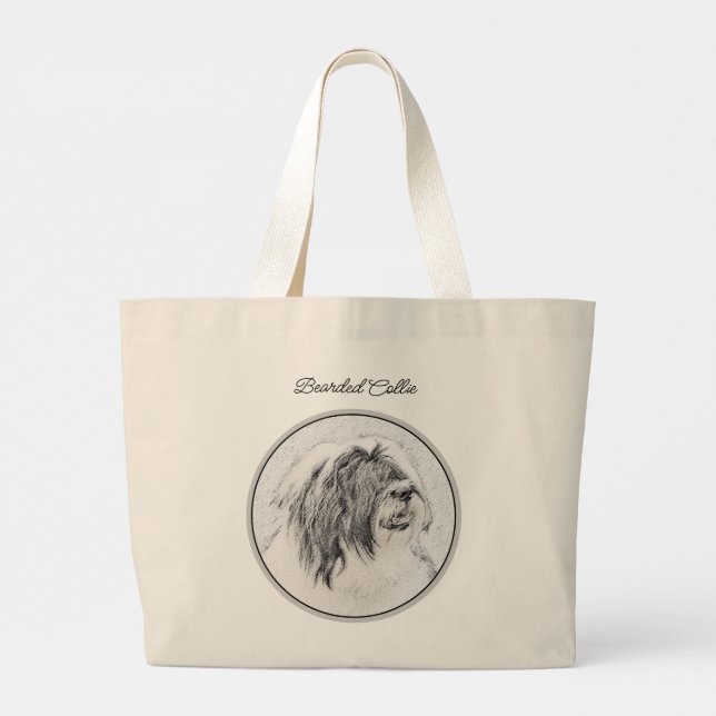 Bolso De Tela Gigante Collie Beardie Black Drawing Cute Dog Art (Reverso)
