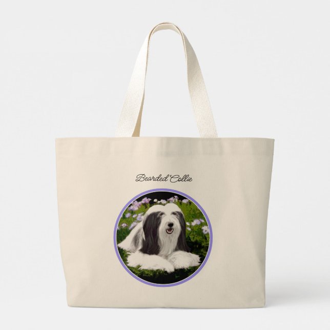 Bolso De Tela Gigante Collie Beardie Black Painting Cute Dog Art (Reverso)