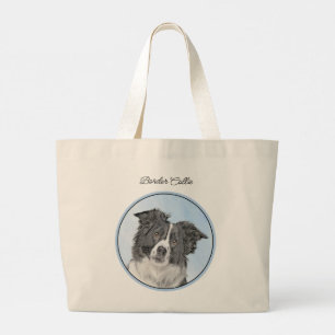 Bolso De Tela Gigante Collie de borde pinta arte duro de perro negro y b