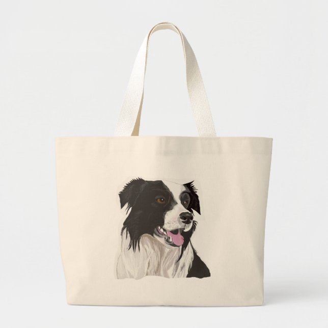 Bolso De Tela Gigante Collie negra y blanca con ojos marrones (Frente)