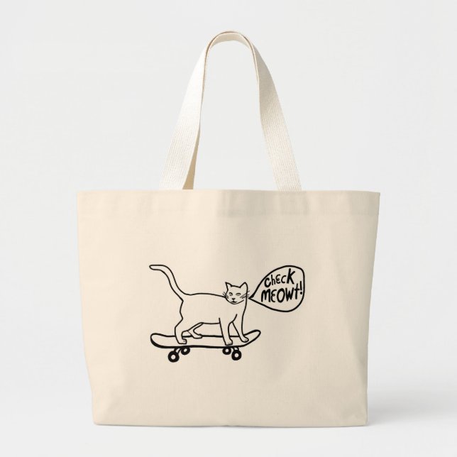Bolso De Tela Gigante Comprobar Meowt Punny Skateboarding Cat Blanco Neg (Frente)