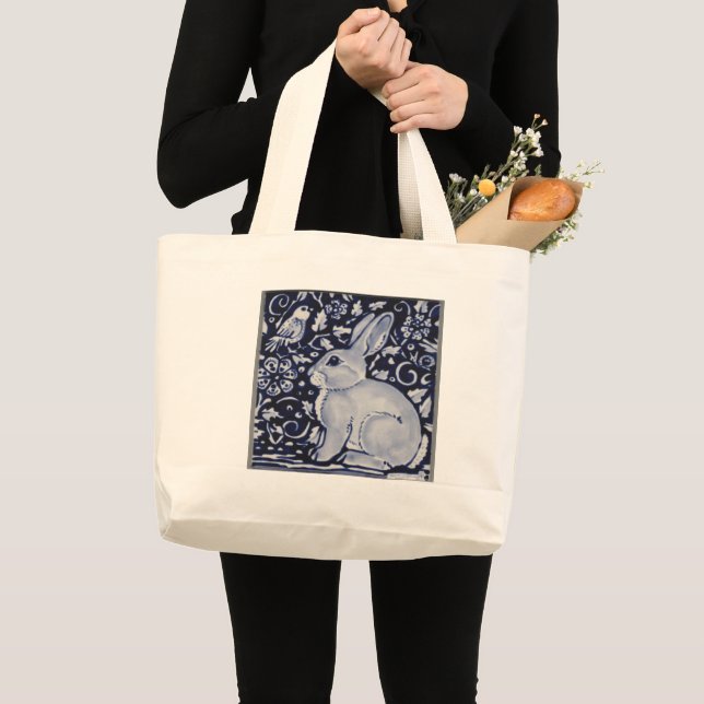 Bolso De Tela Gigante Conejo azul y blanco con diseño de mosaico de aves (Anverso (producto))