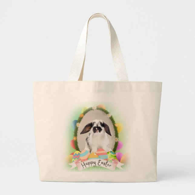 Bolso De Tela Gigante Conejo feliz de Pascua, diseño de huevos (Frente)