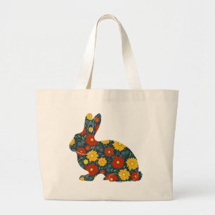 Bolso De Tela Gigante Conejo retro con flores naranjas y amarillas