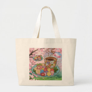 Bolso De Tela Gigante Copa Tote Bag y café con diseño floral