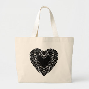 Bolso De Tela Gigante Corazón de encaje negro