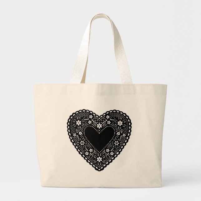 Bolso De Tela Gigante Corazón de encaje negro (Frente)