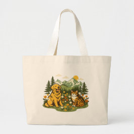 Bolso De Tela Gigante Cottagecore Perro y Gato Mejores Amigos Flor Silve