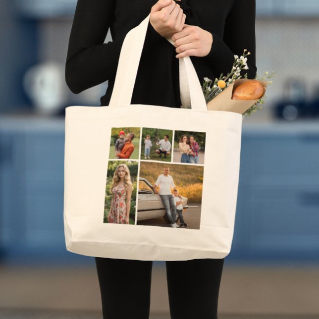 Bolso De Tela Gigante Crear su propio Collage de fotos de 5 (5 Photo Collage Large Tote Bag)