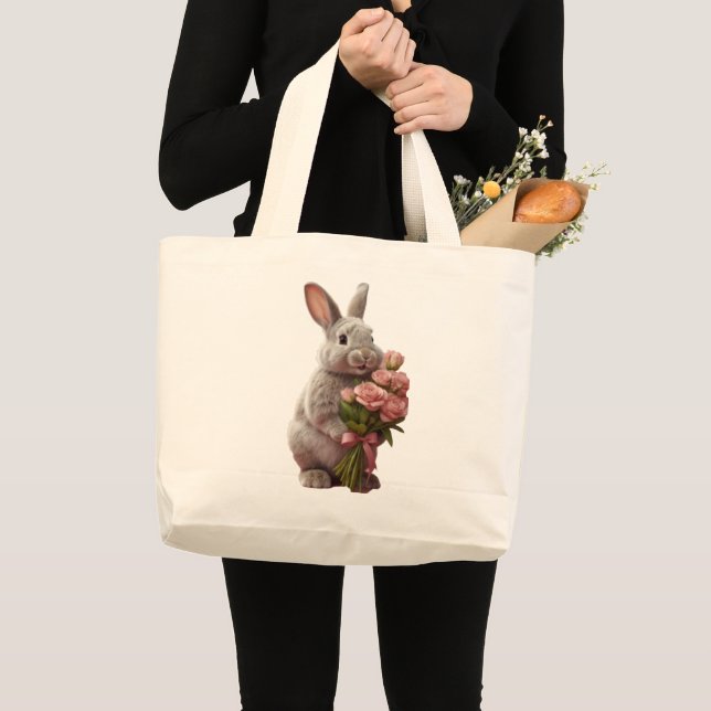 Bolso De Tela Gigante  “Cute Bunny with Pink Roses” Adorable Art Design (Anverso (producto))
