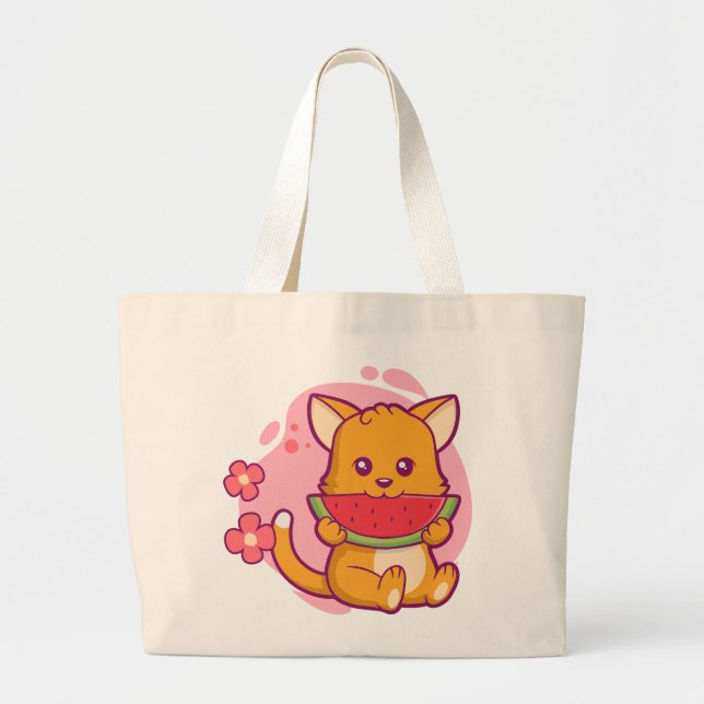 Bolso De Tela Gigante Cute gato comiendo sandía | Kawaii (Frente)
