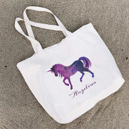 Bolso De Tela Gigante Cute Girly Personalizado Púrpura Acuarela Unicorni