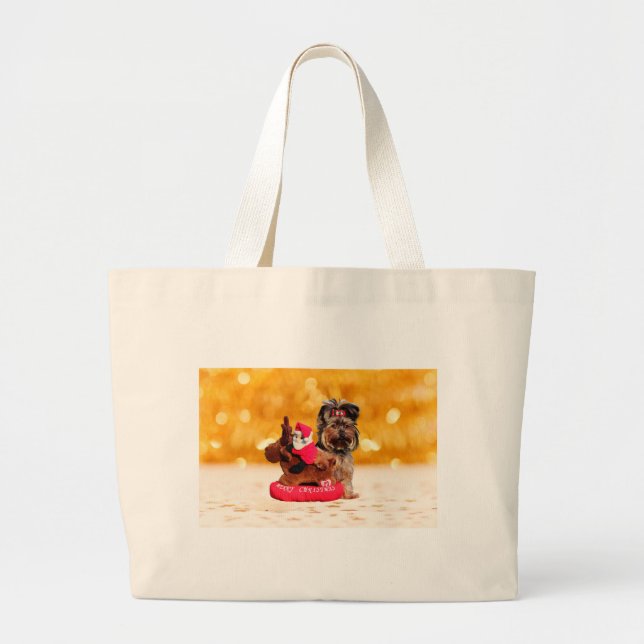 Bolso De Tela Gigante Cute Yorkshire Terrier Merry Christmas (Frente)