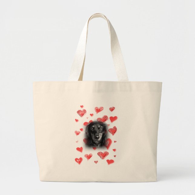 Bolso De Tela Gigante Dachshund con corazones rojos (Frente)