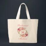 Bolso De Tela Gigante Dama de honor rosada floral del monograma del<br><div class="desc">La bolsa de asas floral de la dama de honor del monograma del círculo del oro de Rubor del rosa de la acuarela - grande</div>