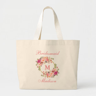 Bolso De Tela Gigante Dama de honor rosada floral del monograma del