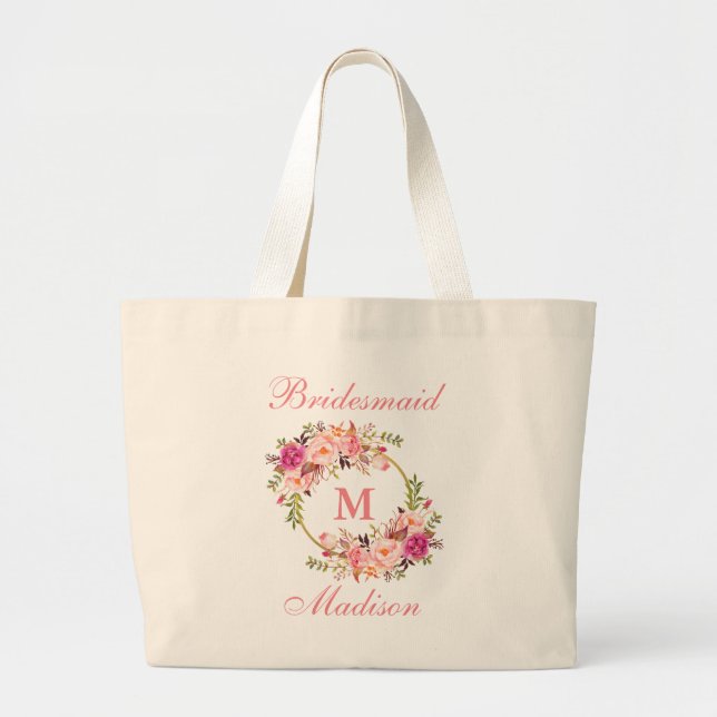 Bolso De Tela Gigante Dama de honor rosada floral del monograma del (Frente)