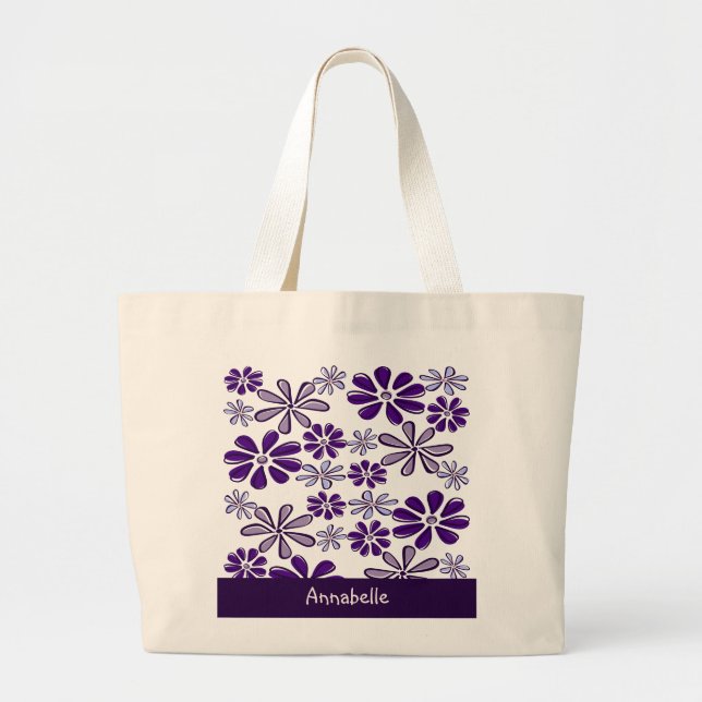 Bolso De Tela Gigante Dark Purple Flower Doodle tu nombre (Frente)