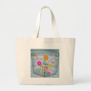 Bolso De Tela Gigante Denim Back Pocket Flowers Peace Love Hope