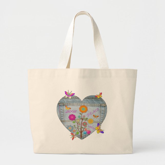 Bolso De Tela Gigante Denim Pocket Heart Flowers Butterflies (Frente)
