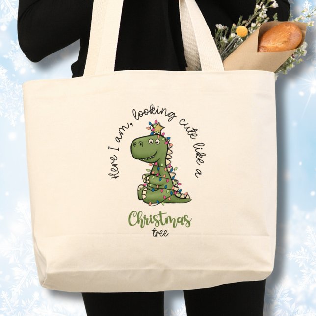 Bolso De Tela Gigante Dinosaurio de árbol de Navidad (T-rex Christmas tree with Christmas light, Looking cute, Christmas tote bag)