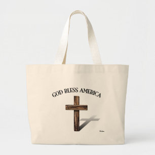 Bolso De Tela Gigante DIOS BENDIGA AMÉRICA con cruz robusta