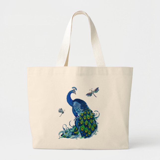 Bolso De Tela Gigante Diseño clásico de pavo real y libélula (Frente)