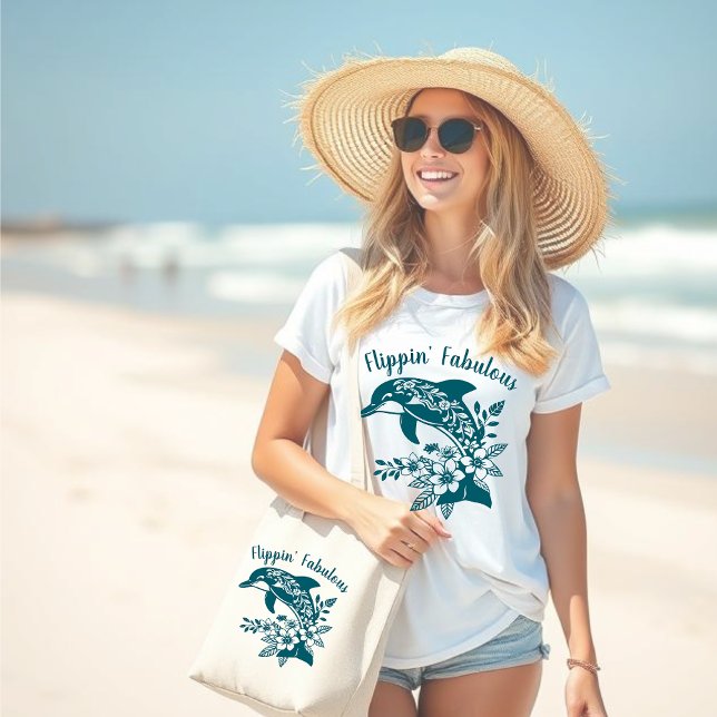 Bolso De Tela Gigante Dolphin-Flippin' Fabulous-Fisherman Core- (Flippin Fabulous-Hawaiian Dolphin-Tropical Flowers-Fisherman Core-Beach bag-Large Beach Bag-Teal)