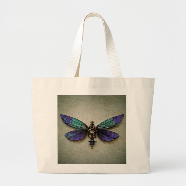 Bolso De Tela Gigante Dragonflies Steampunk Púrpura Verde Azul (Frente)