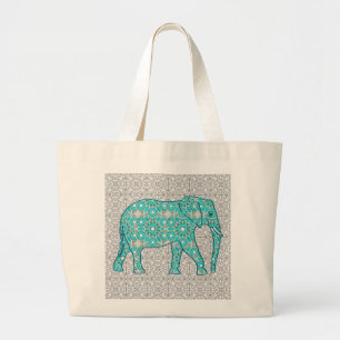 Bolso De Tela Gigante Elefante de flores de Mandala - turquesa, gris y b