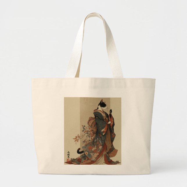 Bolso De Tela Gigante "Elegant Grace" Japanese Cat in Kimono Art (Frente)