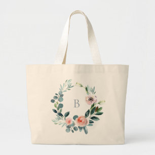 Bolso De Tela Gigante Elegante Jardín Floral Wreath Monograma