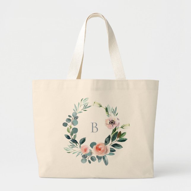 Bolso De Tela Gigante Elegante Jardín Floral Wreath Monograma (Frente)